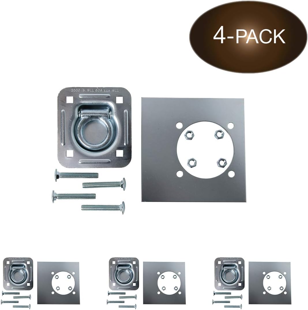 Four Recessed Tie-Down D-Rings, Square Trailer Cargo Tie-Down Anchors, Mounting Lock Plate + Installation Bolting Hardware Accessories - Carriage Bolts, Hex Nuts, Flat Washers