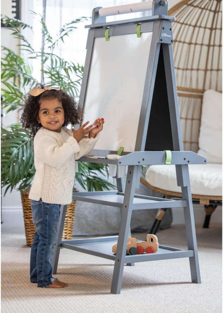 Little Partners 3-in-1 Art Easel 2-Sided A-Frame Art Easel with Chalk Board, Dry Erase, Storage, Paper Feed and Accessories for Toddlers (Natural)