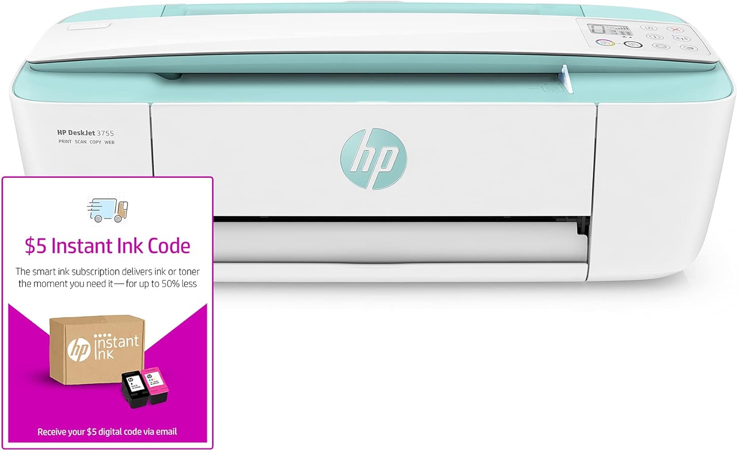 HP DeskJet 3755 Compact All-in-One Wireless Printer, HP Instant Ink, Works with Alexa - Seagrass Accent (J9V92A)