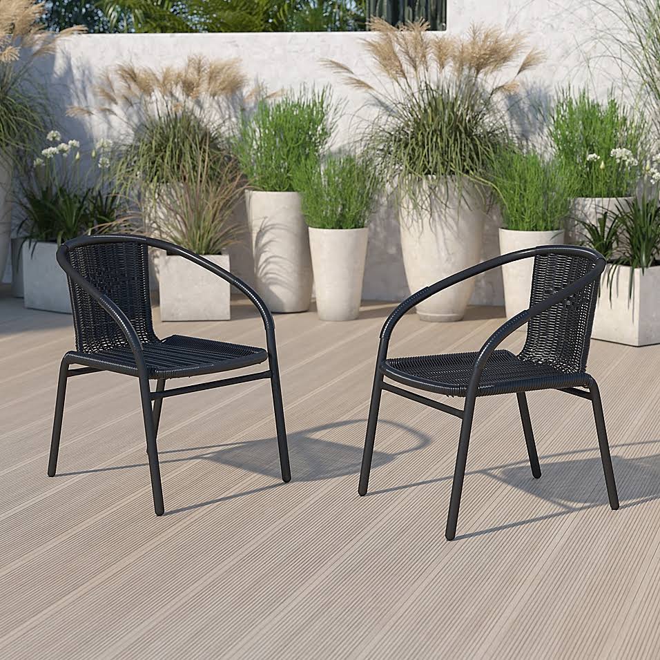 Flash Furniture Rattan Stackable Patio Arm Chairs in Black (Set of 2)