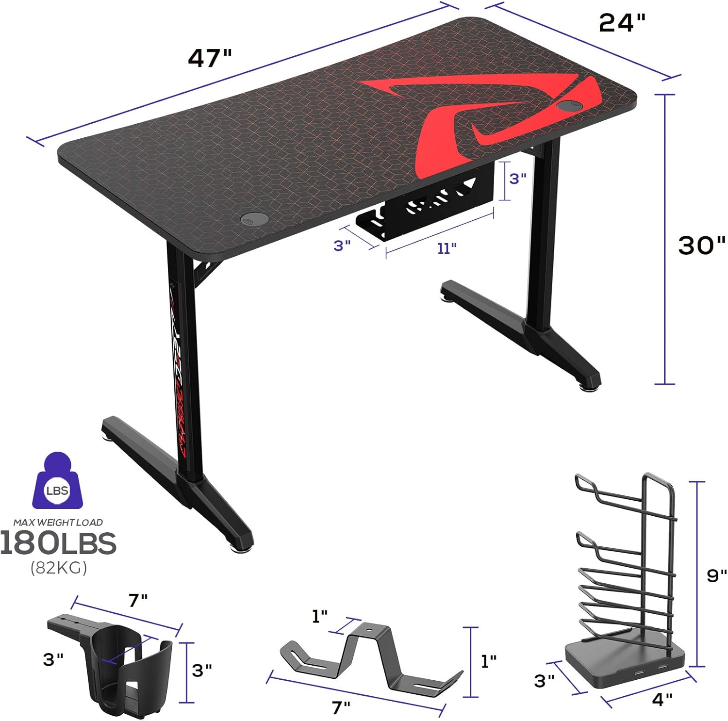 It's_Organized 47 inch Gaming Desk Racing Style Computer Desk with Free Mouse pad, T-Shaped Professional Gamer Game Station with USB Gaming Handle Rack, Cup Holder & Headphone Hook (Black)