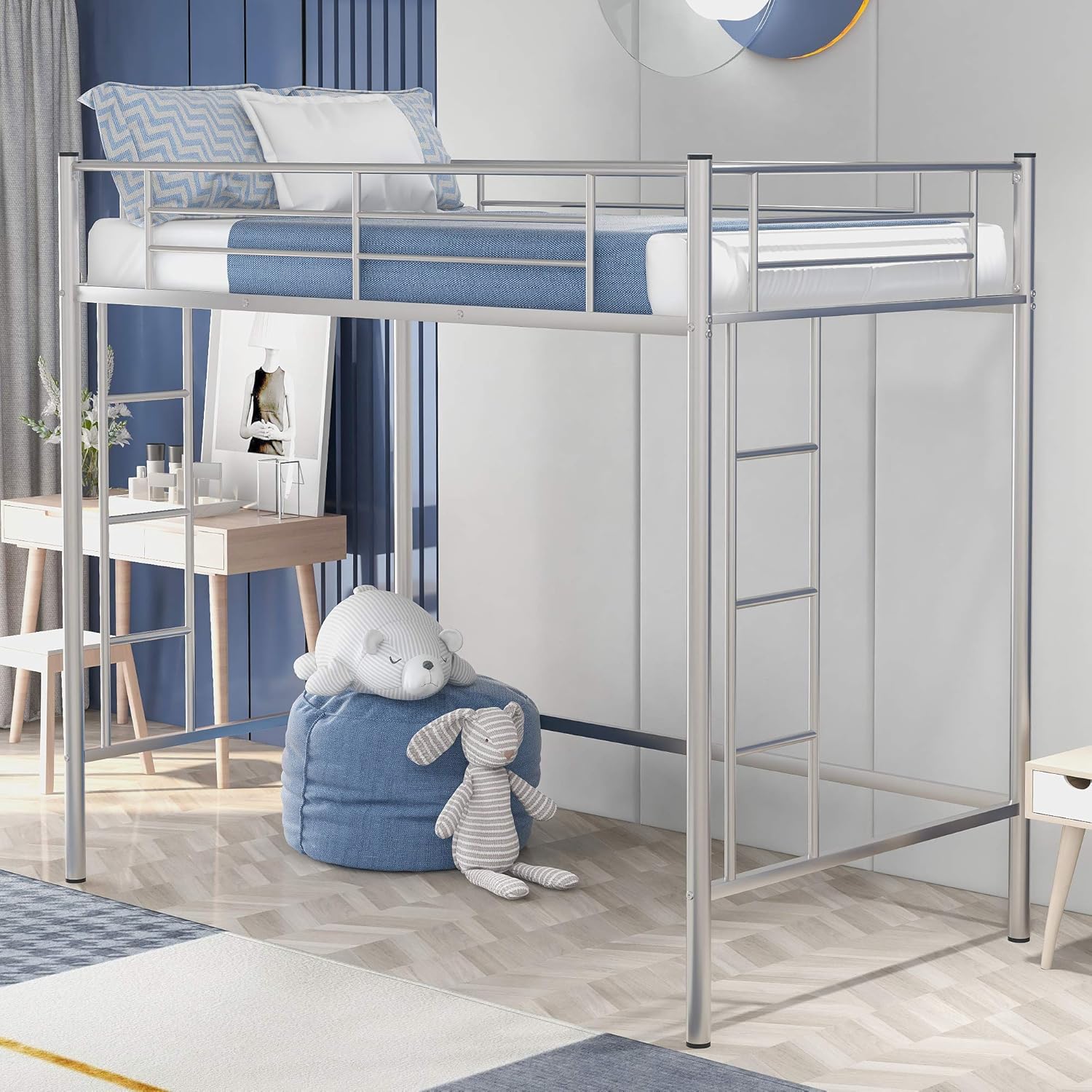 Heavy Duty Twin Loft Bed with 2 Ladder, Space-Saver Multifunctional Metal Pipe, Kids Loft Bed Frame with Safety Guard Rails, Modern Loft Bed for Bedroom (White)