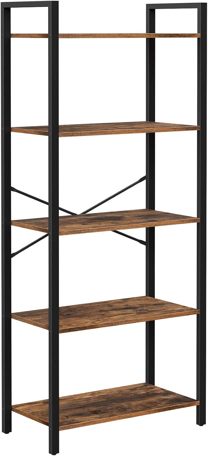 VASAGLE 5-Tier Bookshelf, Home Office Bookcase, Storage Rack with Steel Frame, for Living Room, Office, Study, Hallway, Industrial Style, Rustic Brown and Black ULLS061B01