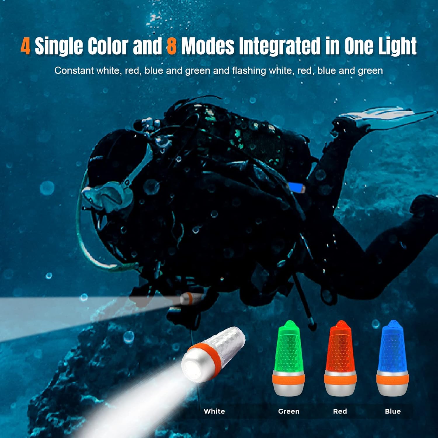ORCATORCH SD03 Dive Beacon 4-Color-in-1 (Blue, Red, White, Green) 8 Modes Scuba Diving Signal Light with Constant Light or Flashing Mode Night Dive LED Marker Light, for 150M Underwater Diving