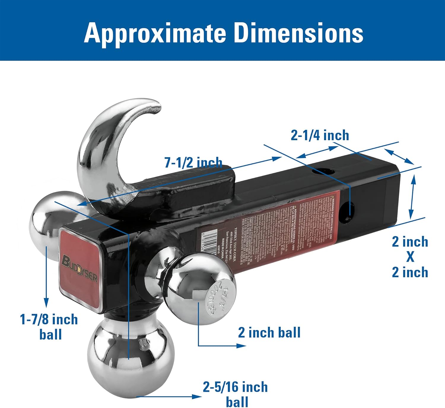 BUDDYSER Trailer Hitch Triple Ball Mount with Hook, 1-7/8, 2, 2-5/16-inch Balls, Fits 2-inch Tow Hitch Receiver,Chrome Pack of 2