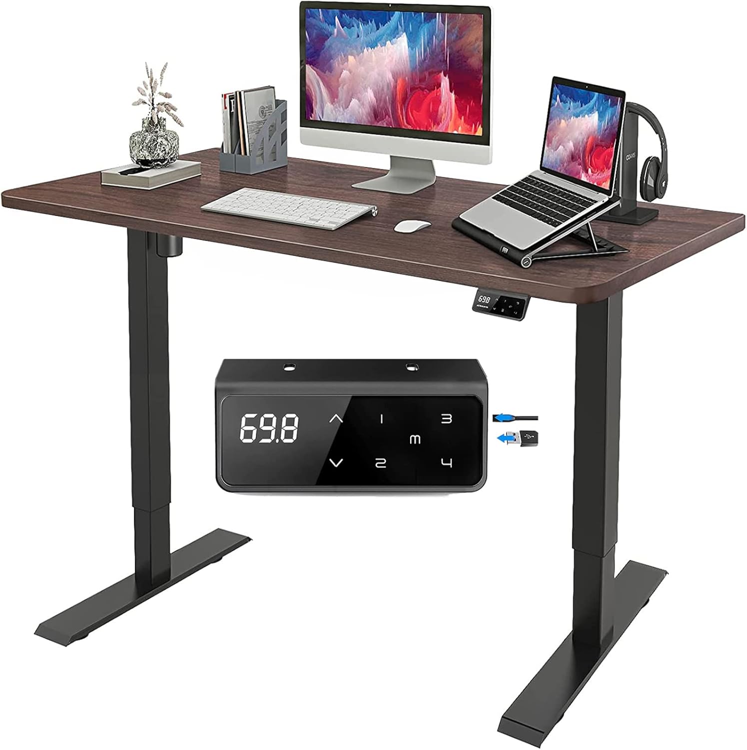 EYOJYA Adjustable Height Desk 55 x 28 Inches Standing Desk, Electric Stand up Desk with 4 Memory Preset Home Office Workstation Sit Stand Desk (Black Frame + 55 in Walnut top)