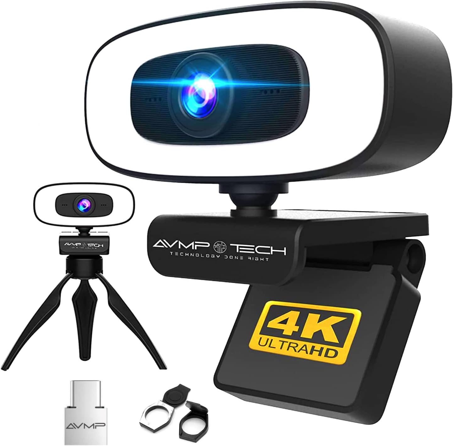 AVMP 4K Webcam with Light Ultra HD 8MP Autofocus USB Web Cam with Microphone for Desktop Computer PC Streaming Camera + Tripod + USBC + Privacy Cover Pack of 2