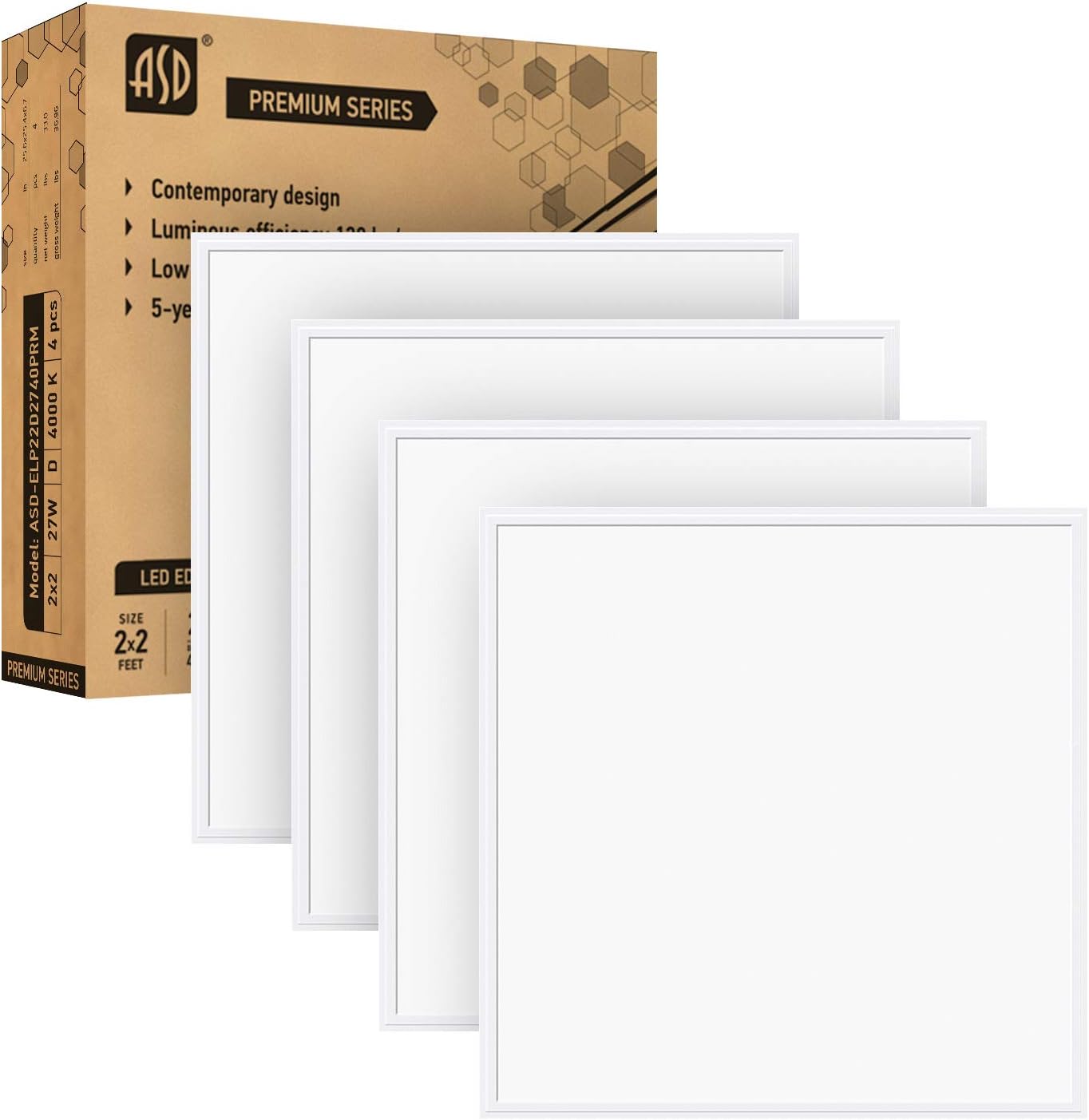 ASD 2x2 LED Flat Panel Light 27W (70 W Equivalent) Dimmable - 3607 Lm Edge Lit Panel 4000K (Bright Light) - 120-277V Square Drop Ceiling Indoor Commercial Fixture - UL Listed DLC Certified - 4 Pack