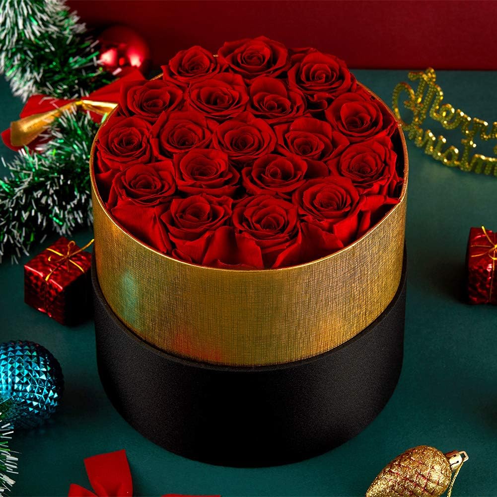 Eterfield Real Roses Handmade Preserved Roses in a Box That Last a Year Gift for Her (Round Black Box, 18 Purple Roses)