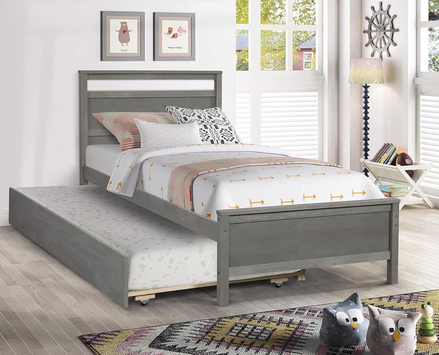 Hanway Twin Daybed with Trundle &ndash; Exquisite Pine Wood Craftsmanship Bed Frame &ndash; American Country Style with Vintage Distressed Surface Pull Out Bed &ndash; Ideal for Guest or Family Reunion
