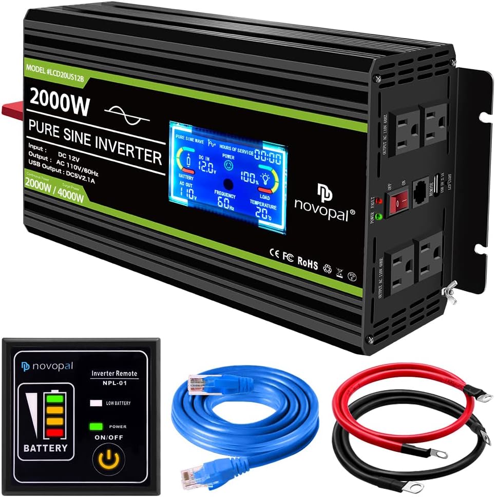 Novopal 2000 Watt Pure Sine Wave Power Inverter 12V DC to 110V/120V AC Converter- 4 AC Outlets Car Inverter with 1 USB Port-Remote Control and LCD Display Dual Cooling Fans Inverter
