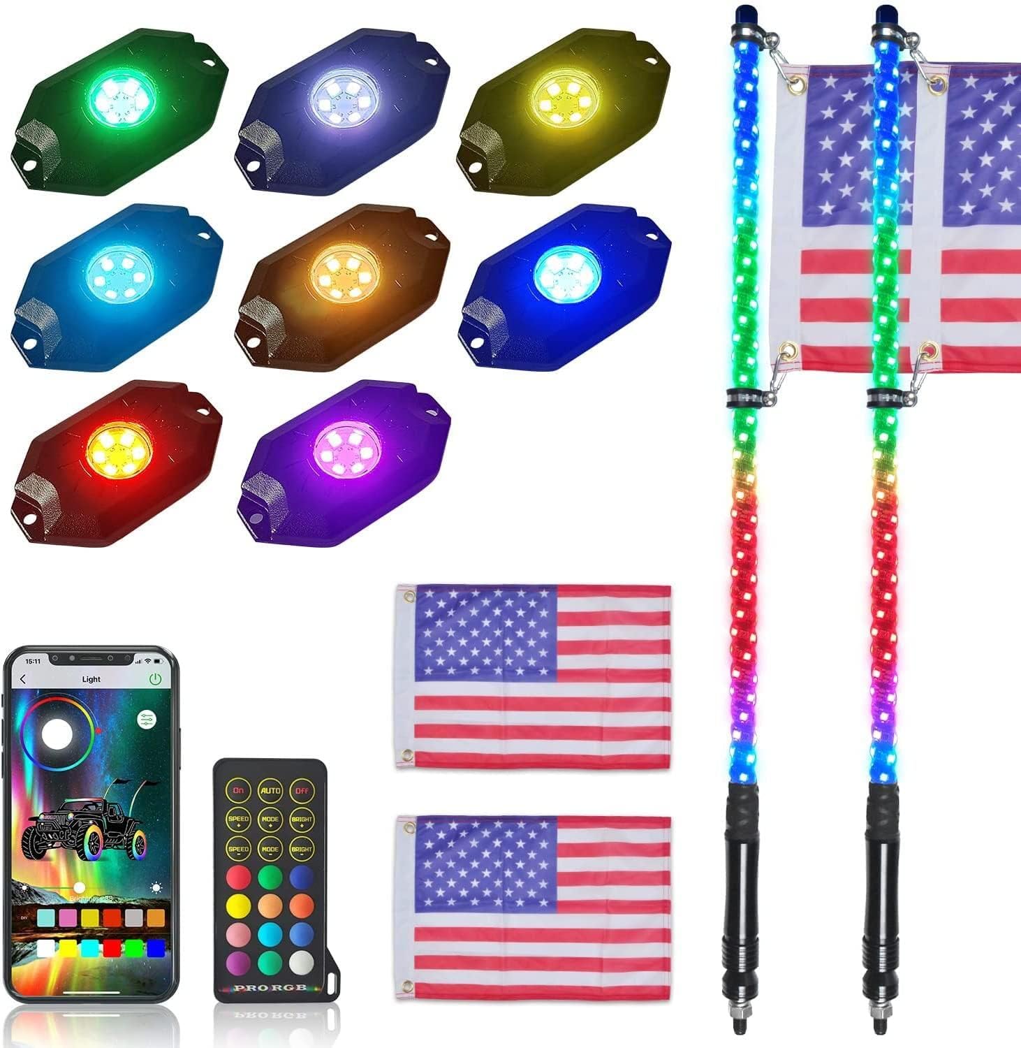 OHMU 2Pcs 3FT LED Whip Lights and Rocks Lights Package with Bluetooth and Remote Control Spiral RGB Chase Light Offroad 360&deg;Spiraling Rising Dream Wrapped Dancing Whips Side by Side