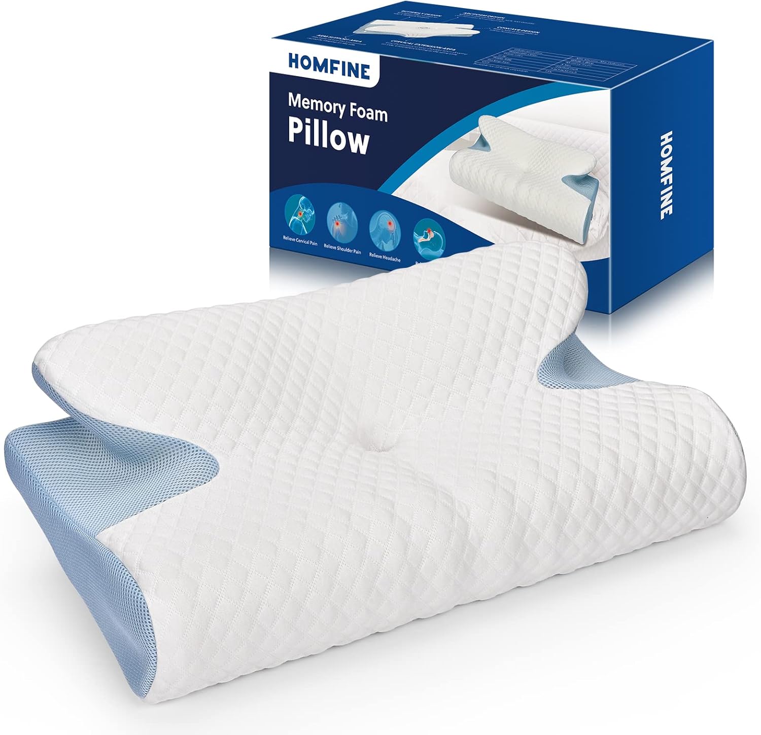 HOMFINE Cervical Memory Foam Pillow - Contour Pillow for Neck and Shoulder Pain, Ergonomic Orthopedic Pillow for Neck Support with Breathable Cover, Cervical Pillow for Side Back Stomach Sleepers