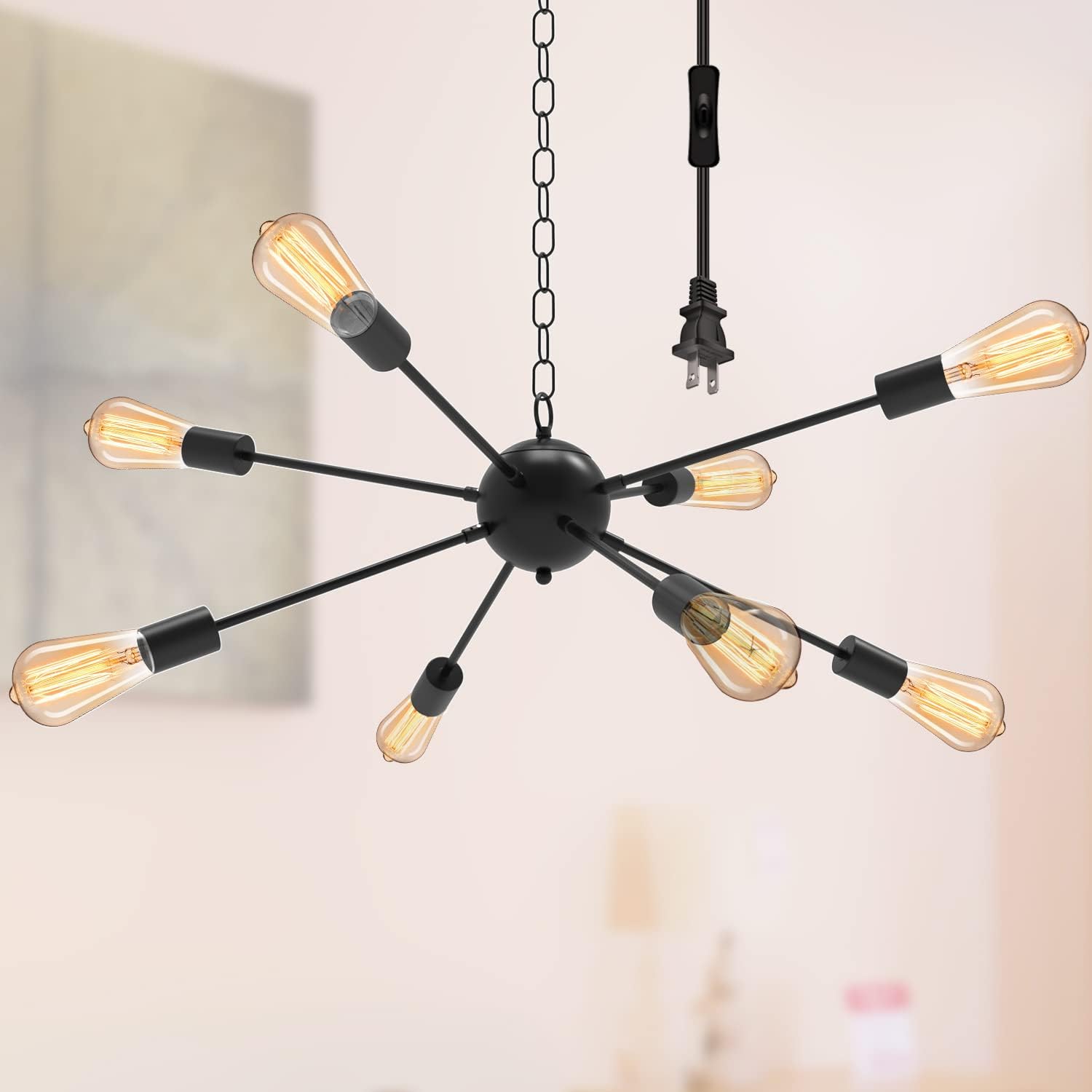 Plug in Chandelier, Black Sputnik Chandelier with 16.4ft Cord, On/ Off Switch, Ceiling Pendant Light, Mid Century Industrial Sputnik Light Fixtures for Kitchen Dining Living Room Bedroom (8-Lights)