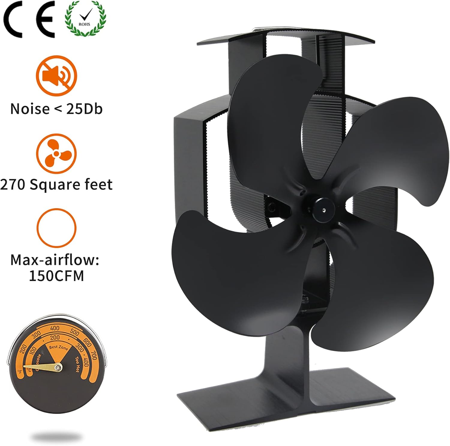 ZHENGXOO Heat Powered Wood Stove Fan with 4-Blade, Quiet Fireplace Wood Burning Eco-Friendly Fan for Home High Efficient Heat Distribution, and a thermometer is provided Pack of 2