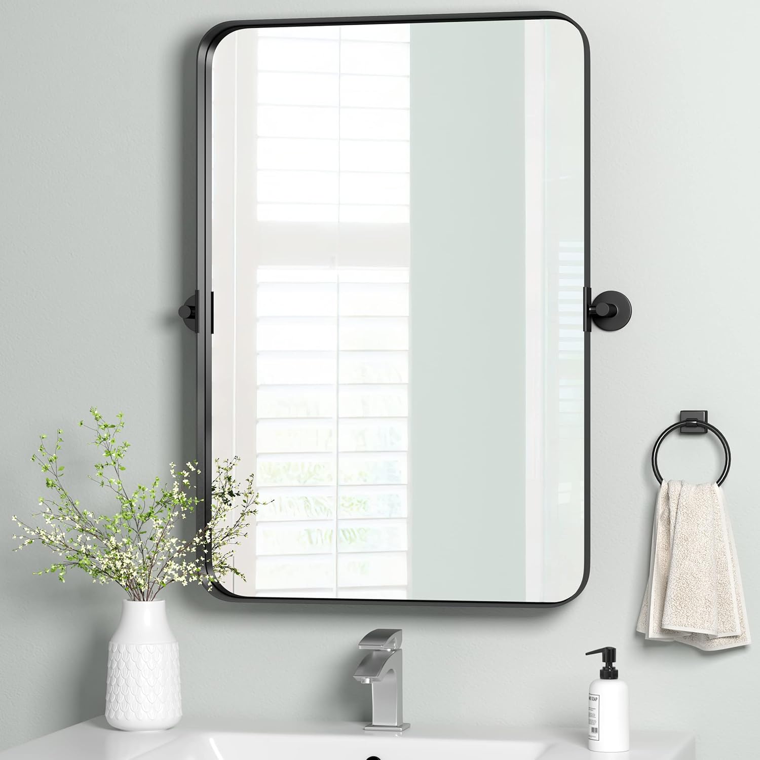 HMANGE 24 x 36 Inch Pivot Bathroom Mirror - Farmhouse Large Black Metal Framed Rectangular Vanity Mirrors - Modern Rectangle Titling Bathroom Mirrors for Wall
