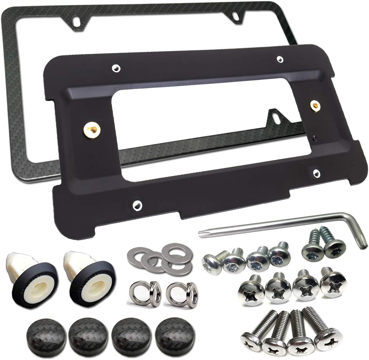Aootf Front License Plate Bracket- Universal Front Bumper License Plate Mounting Kit, Car Tag Holder Adapter& Black Aluminum Plate Cover, Anti-Theft Lock Screw Bolt, Caps, For US Vehicle Trailer Truck