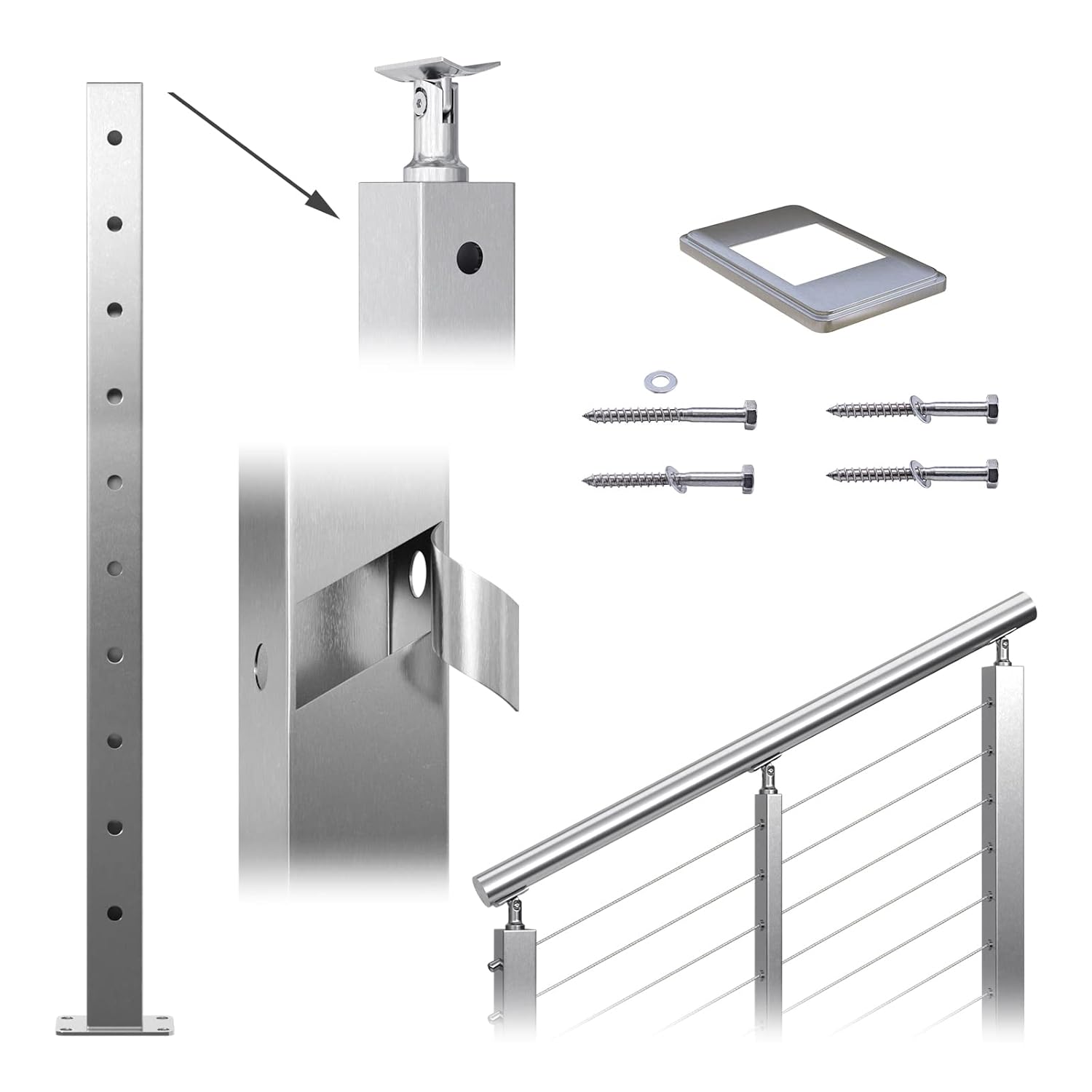 Muzata Cable Railing Corner Post Stairs to Level Right-Side Upstairs Pre-Drilled Brushed Square 36
