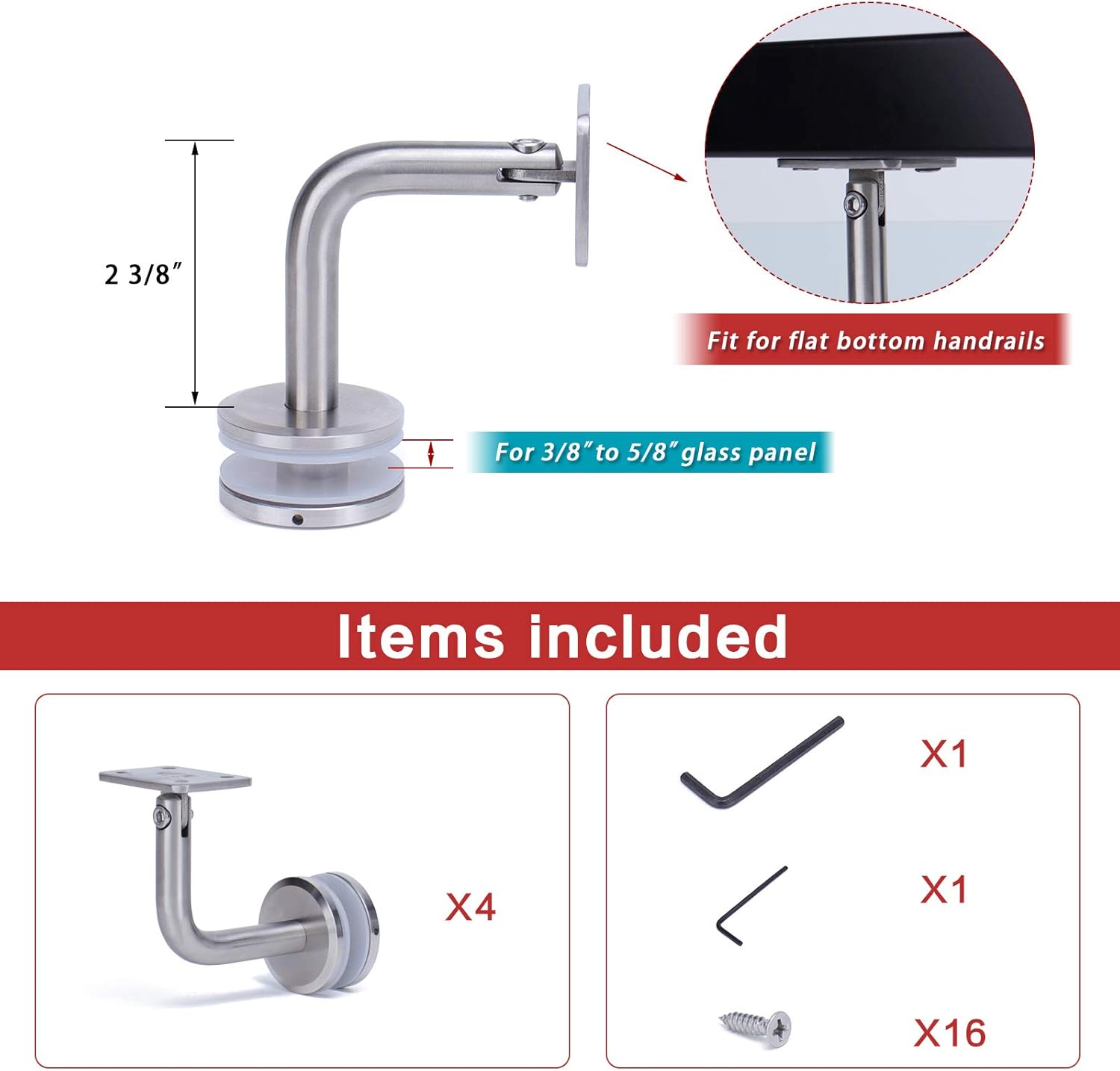 Muzata 4Pack Adjustable Handrail Brackets for Stair Staircase Square Flat Top Glass Railing System Stainless Steel, HB07, GR1 SL4 HR6 Pack of 2