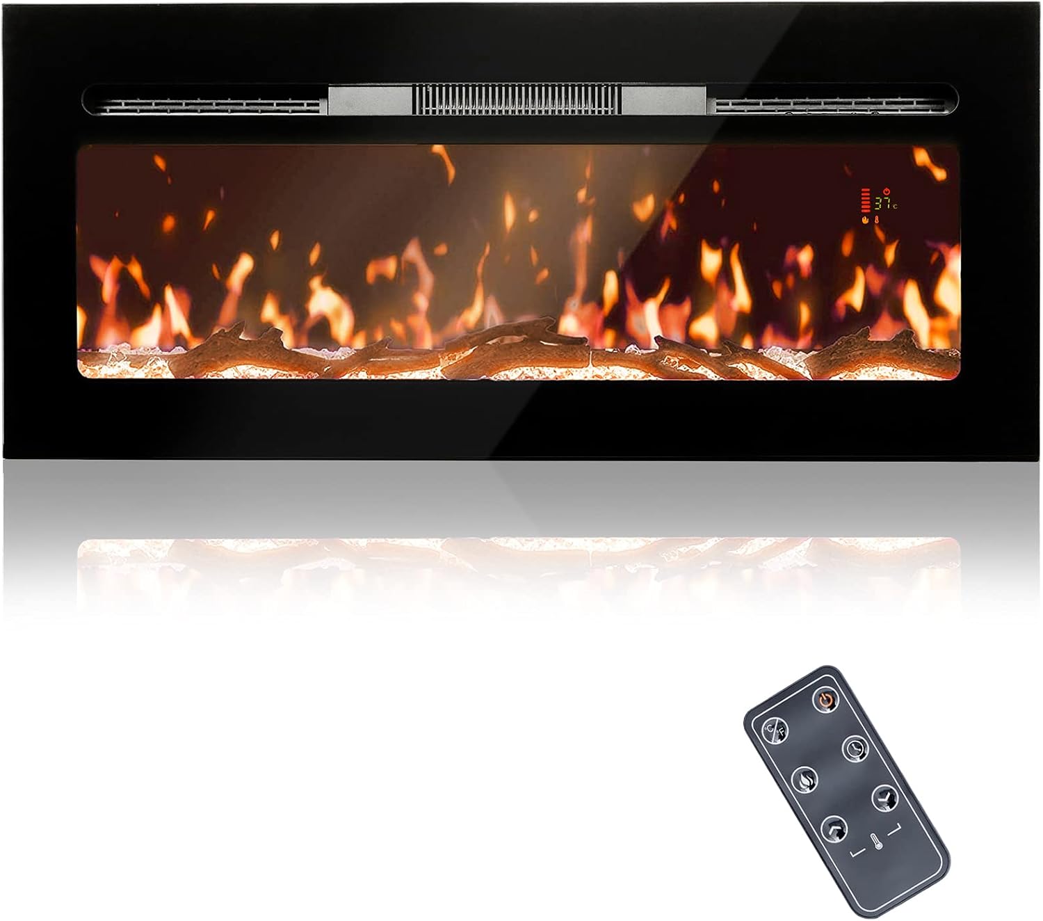 BizHomart Doris 40 Electric Fireplace, Recessed & Wall Mounted Electrical Fireplace with Bracket, Ultra Thin, Low Noise, Remote Control, Timer, Logset & Crystal, Adjustable Flame Color, 1500W, Black