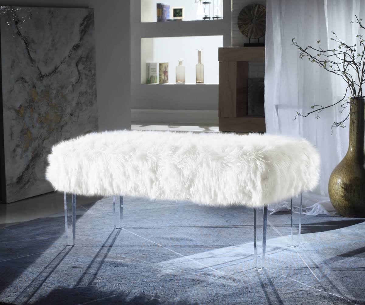 Chic Home Samuel Modern Contemporary Faux Fur Acrylic Leg Bench, White