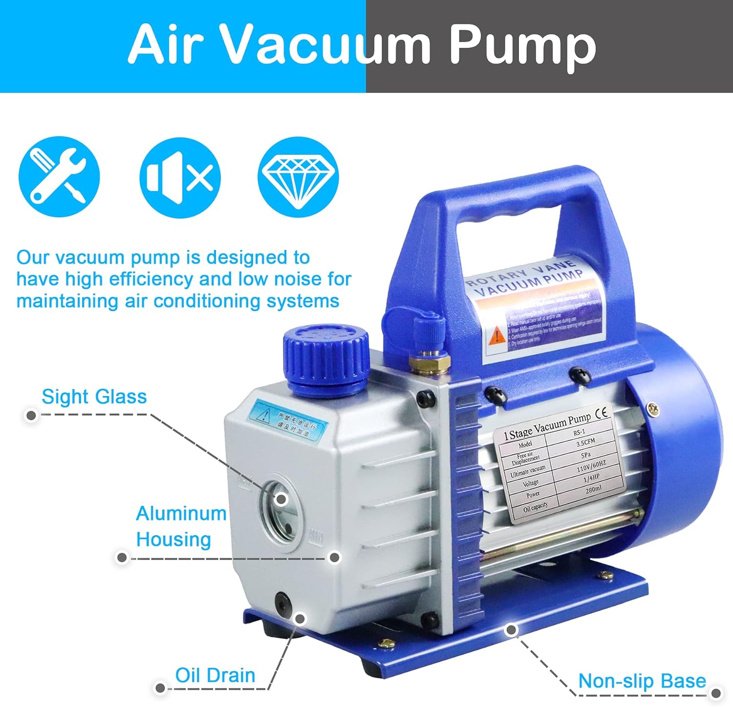 3.5 CFM 1/4 HP Air Vacuum Pump and R134a AC Manifold Gauge Set Kit for HVAC Air Conditioning Refrigeration Recharging ETL Listed,110V