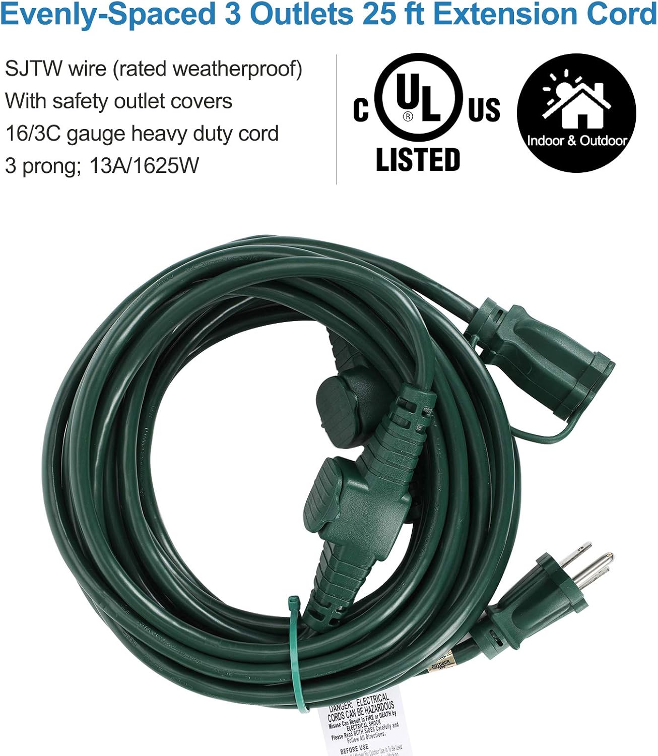 DEWENWILS 25 Ft Outdoor Extension Cord Multiple Outlets, Evenly Spaced 3 Outlets Plugs with Safety Cover, 16/3 SJTW Weatherproof Wire for Christmas Outdoor Lights and Holiday Decorations, UL Listed