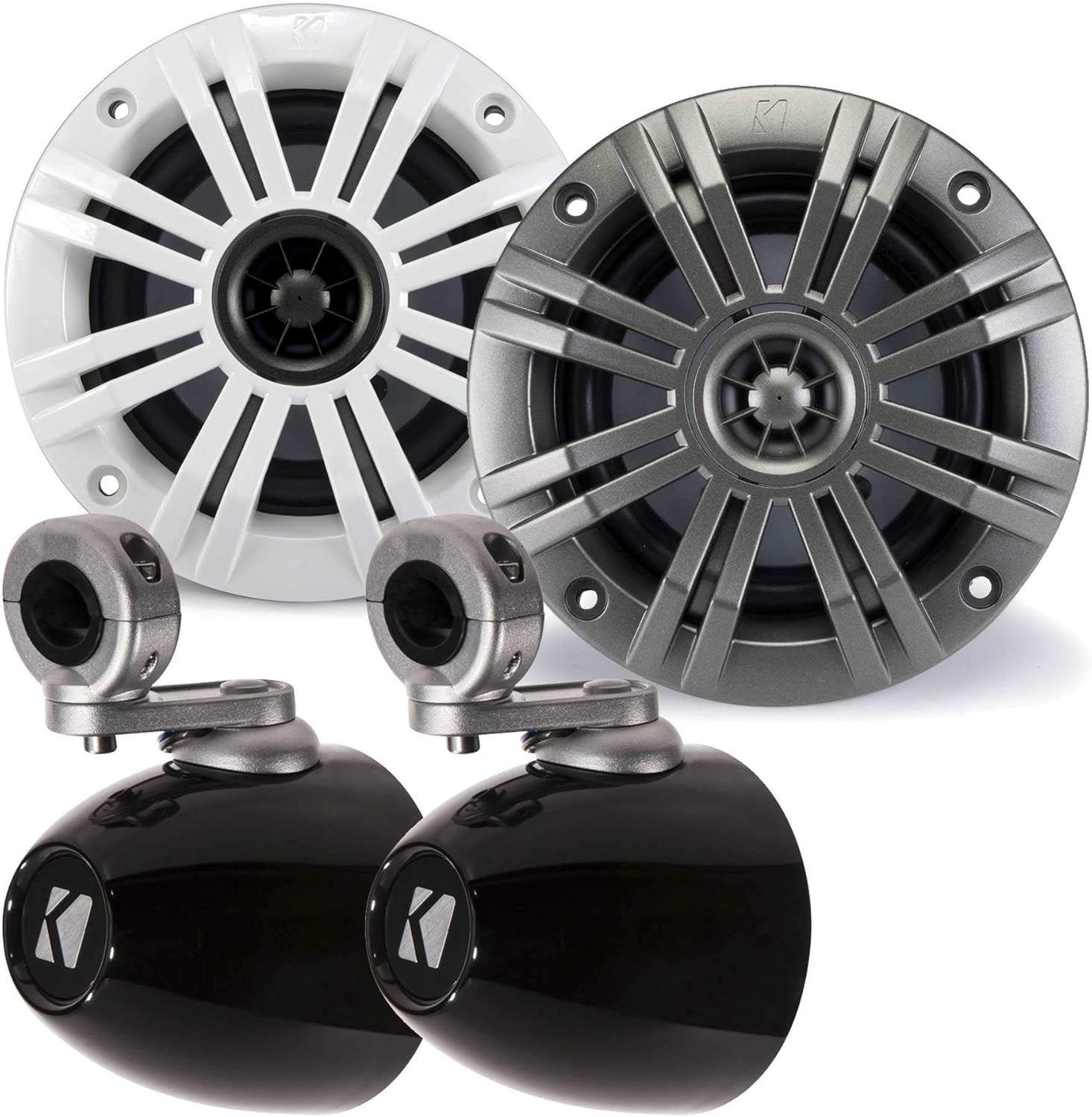 KICKER 4 Inch KM-Series Marine Speaker Bundle 41KM44CW with Black Wake Tower Enclosure