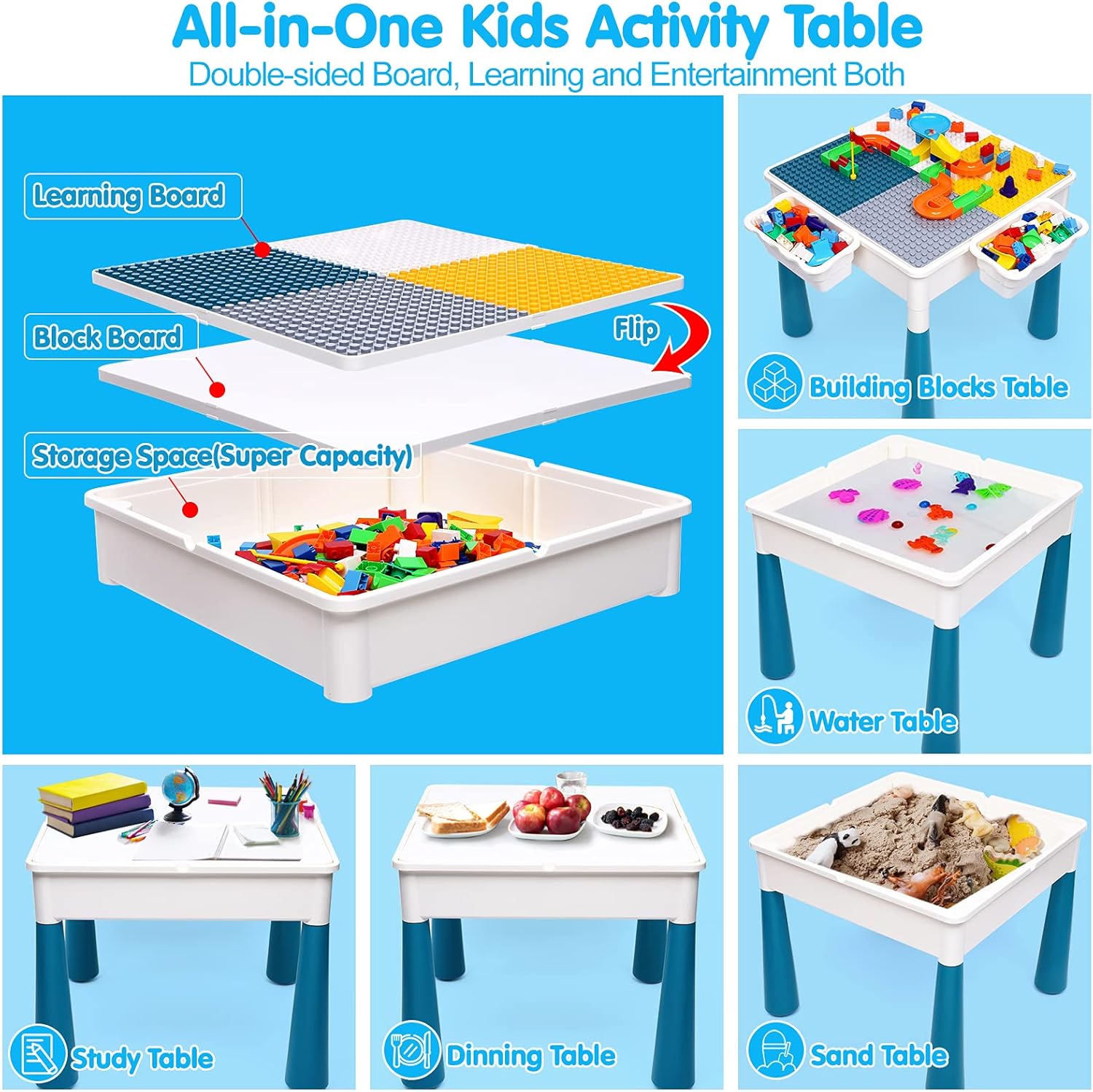 OCATO Kids Activity Table Toddlers Kids Table and Chair Set with 152Pcs Large Marble Run Building Blocks All-in-One Kids Play Table Water Table Sand Table, STEM Toys for Boys Girls 2 3 4 5-10 Year Old