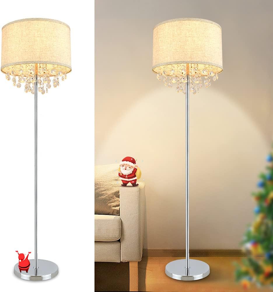 DLLT Crystal Living Room LED Floor Lamp-Bedroom Standing Lights, Elegant Tall Pole Accent Lighting for Mid Century, Modern & Contemporary Rooms, Warm Light with US Plug in, Silver, Fabric Shade