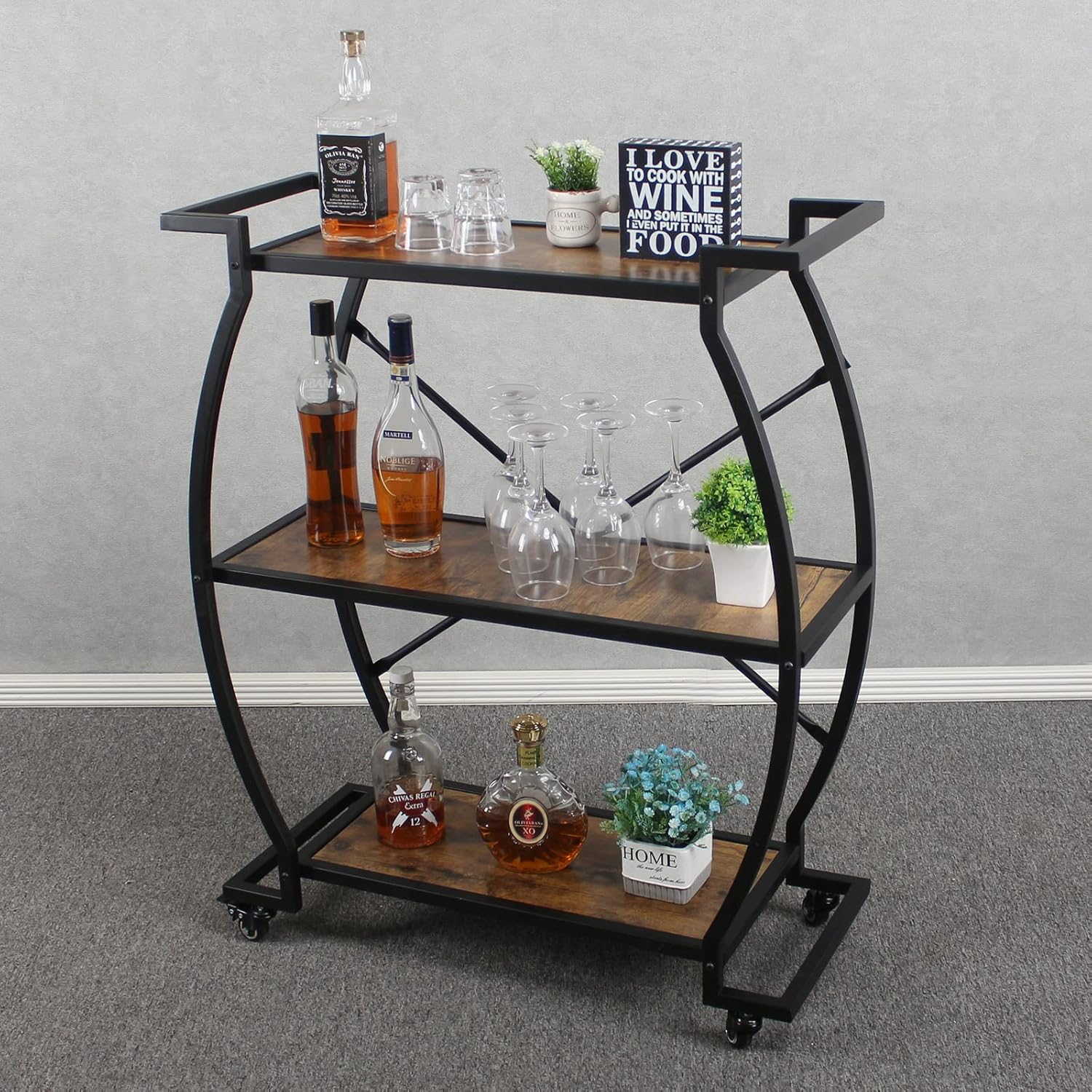 Bar Cart, Kitchen Serving Cart, Utility Cart with Wheels and Handle, for Home Kitchen,Parties, Clubs,Rusic Brown and Black (3-Layer)