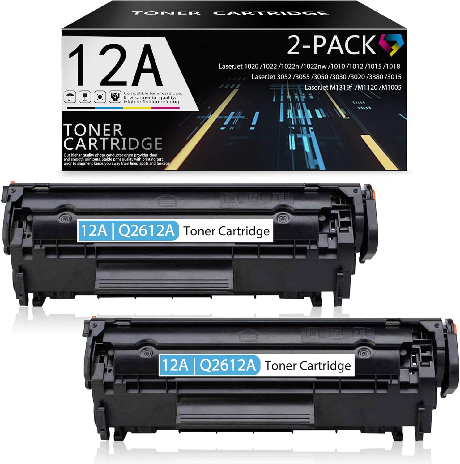 Compatible 12A | Q2612A Toner Cartridge (Black, 2-Pack) Replacement for HP 1022 1022n 1022nw 1010 1012 1015 1018 3052 3055 3050 3030 3020 3380 3015 M1319f M1120 M1005 1020 Printer Toner.