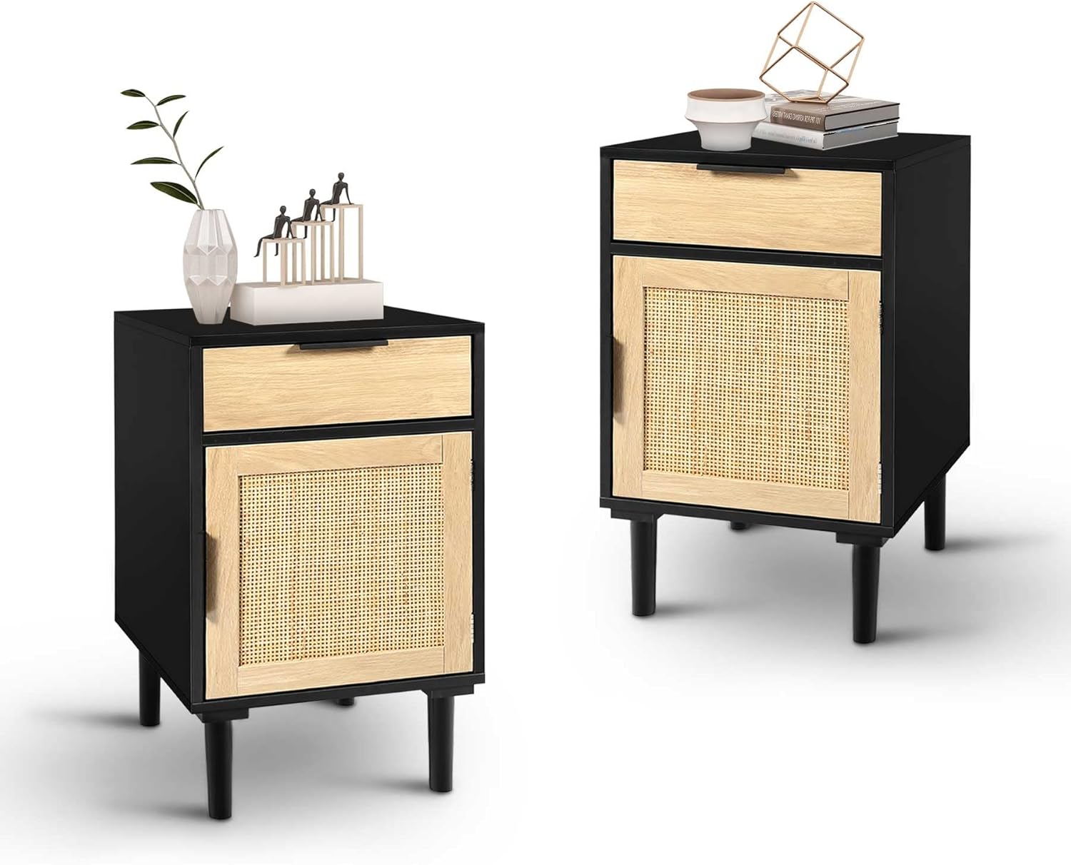 OKL Tall Nightstand Set of 2, Rattan End Table with Drawer and Decorated Doors, Side Table Solid Wood Accent Bedside Table with Storage for Living Room, Bedroom (Black)