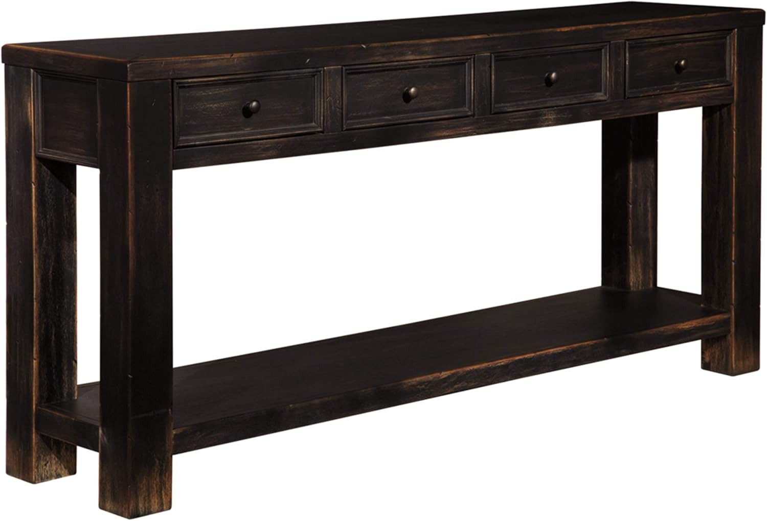 Signature Design by Ashley Gavelston Rustic Sofa Table with 4 Drawers and Lower Shelf, Black with Weathered Finish