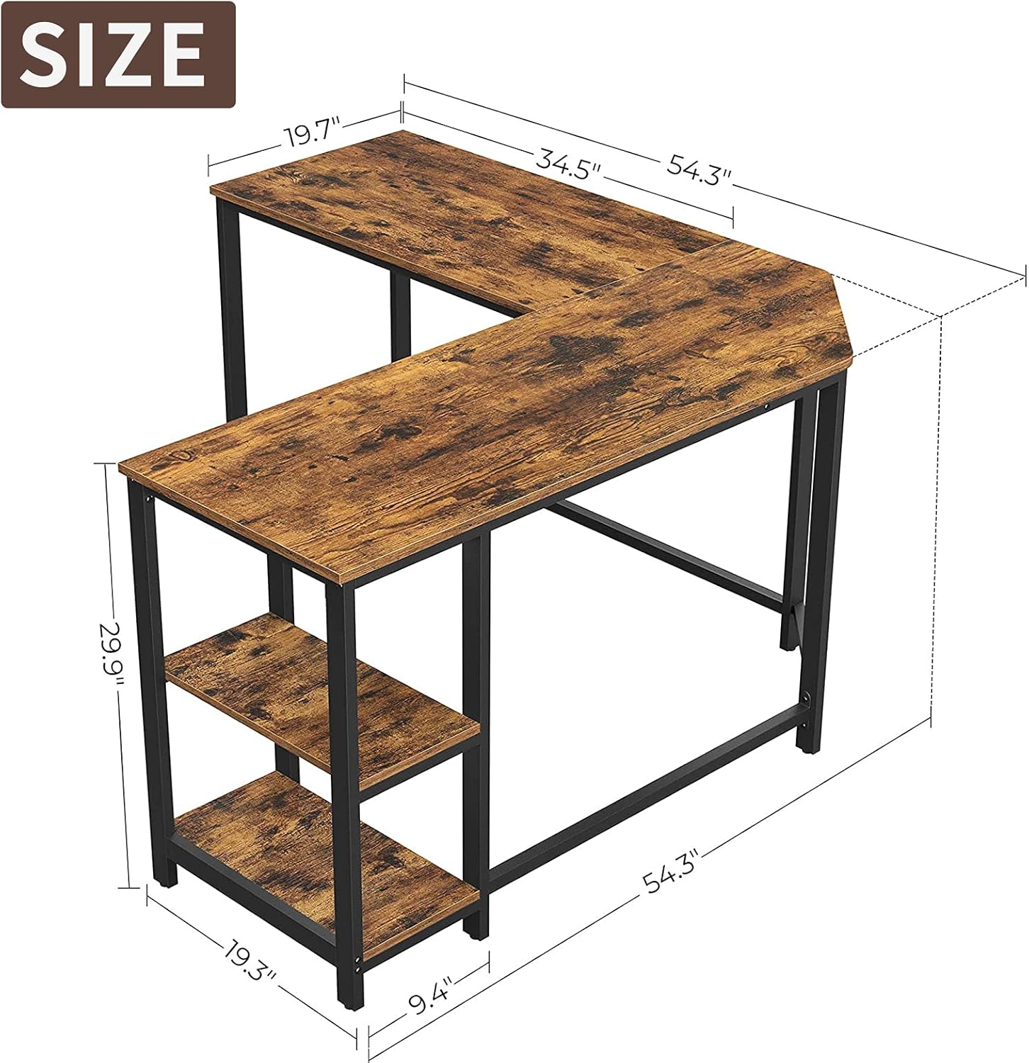 54-Inch Computer Desk, L-Shaped Corner Desk, Office Study Workstation with Shelves, Industrial Style PC Laptop Table, Space-Saving, Easy to Assemble, Rustic Brown Pack of 2