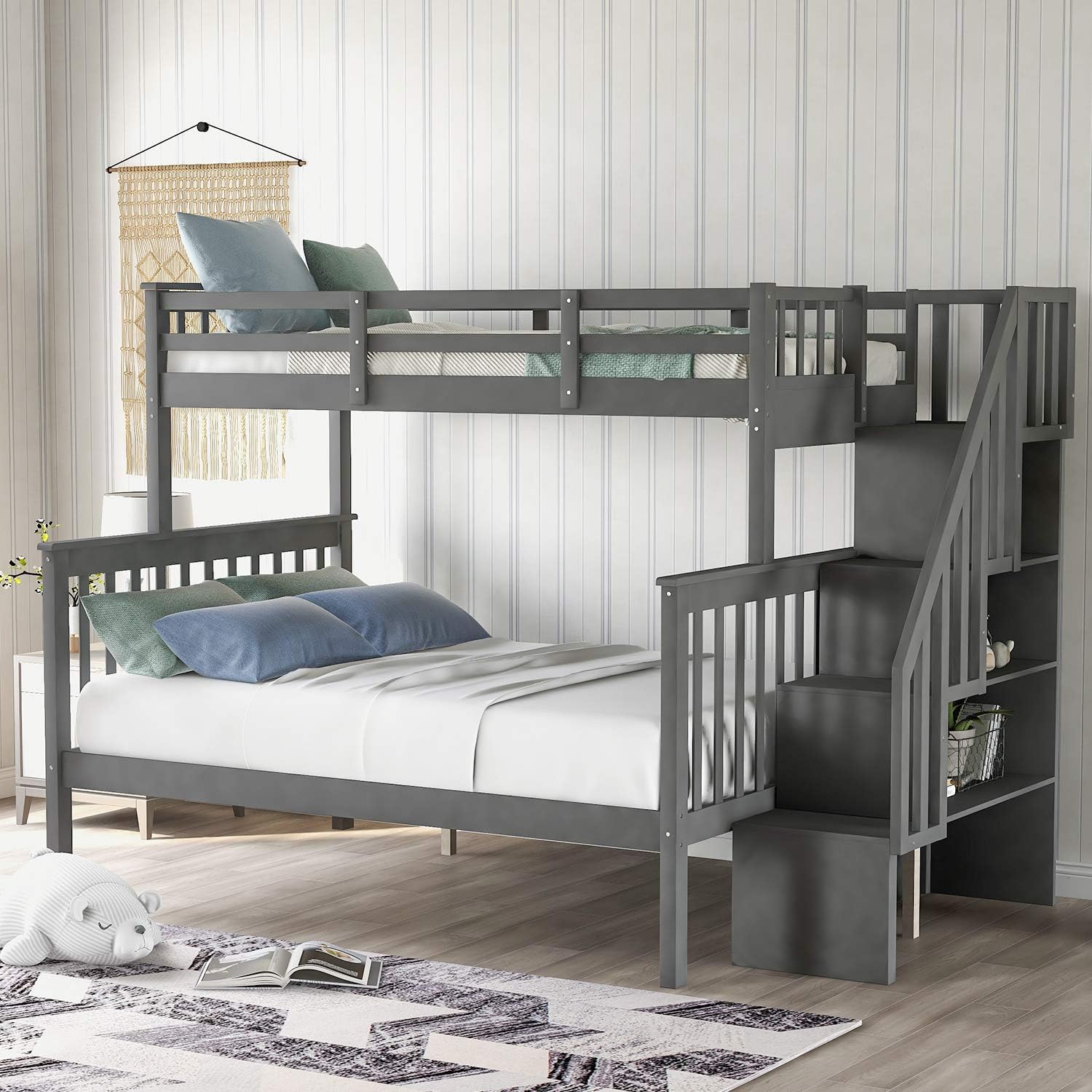 Harper & Bright Designs Stairway Twin Over Twin/Full Bunk Bed with Twin Size Trundle and Drawers, Solid Wood Bunk Bed Staircase Can be Placed on The Left or Right Side (White)