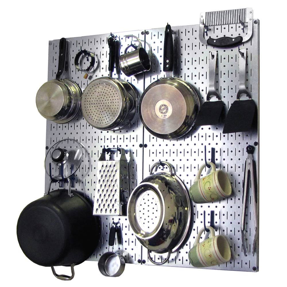Wall Control Kitchen Pegboard Organizer Pots and Pans Pegboard Pack Storage and Organization Kit with Metallic Silver Pegboard a