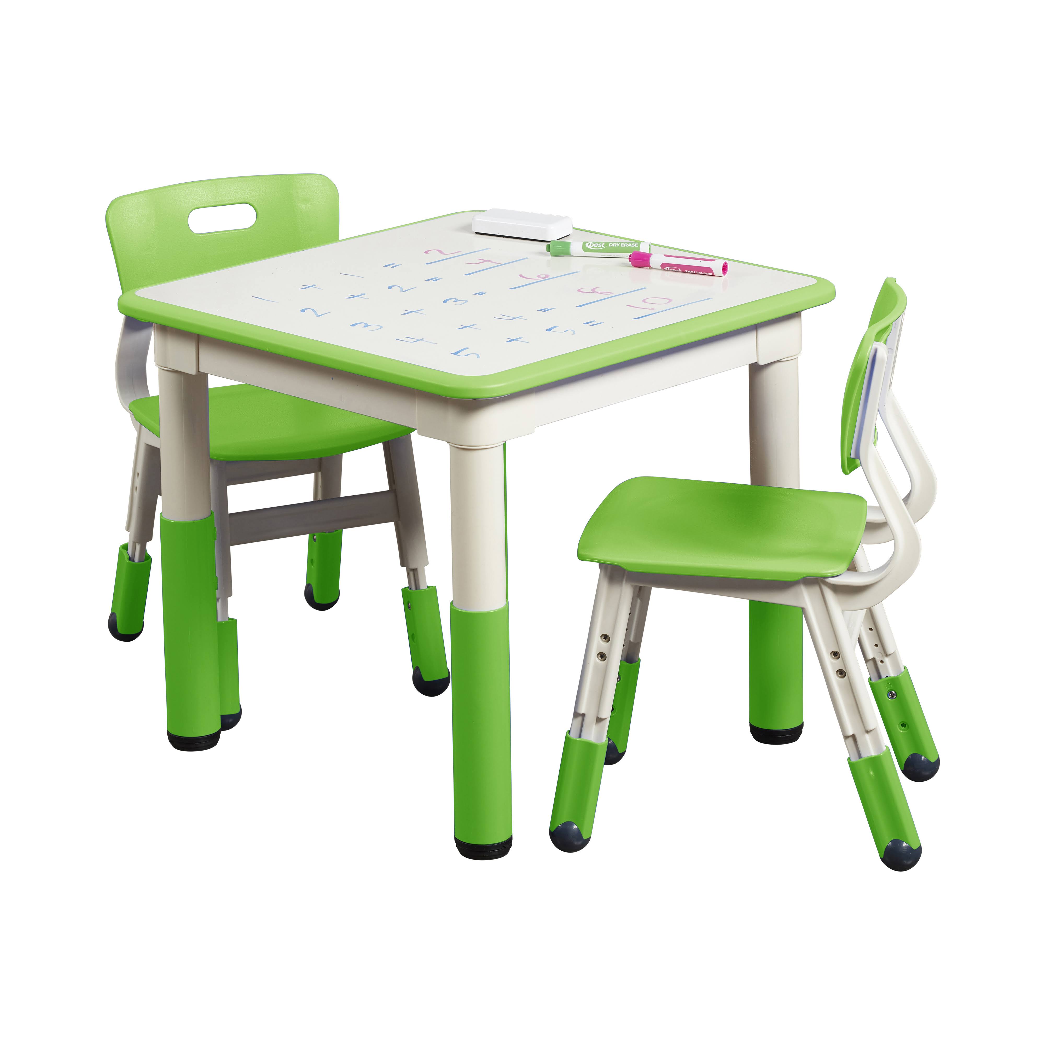 Ecr4kids Square Dry-Erase Adjustable Activity Table with 2 Chairs, Green (3-Piece Set)