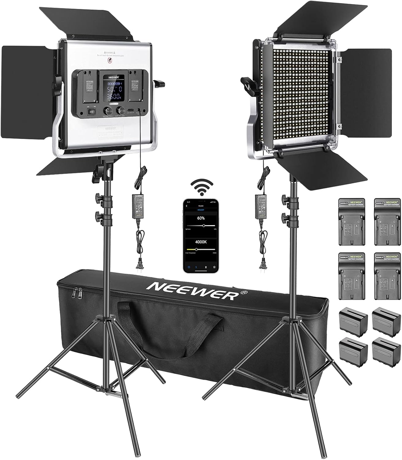 Neewer 2 Packs 660 LED Video Light with APP Control, Photography Video Lighting Kit with Light Stands, Batteries and Chargers, 45W Dimmable Bi-Color 3200K-5600K CRI97 for Studio YouTube Video Shooting
