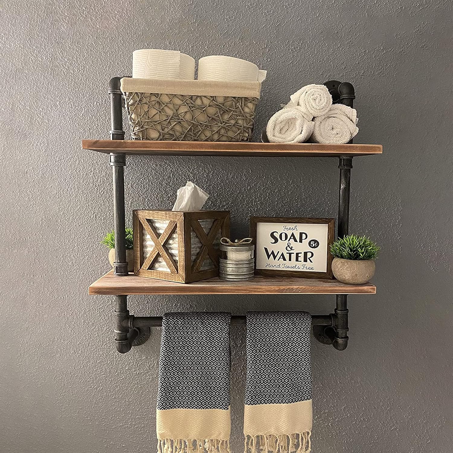 Industrial Pipe Shelf,Rustic Wall Shelf with Towel Bar,24