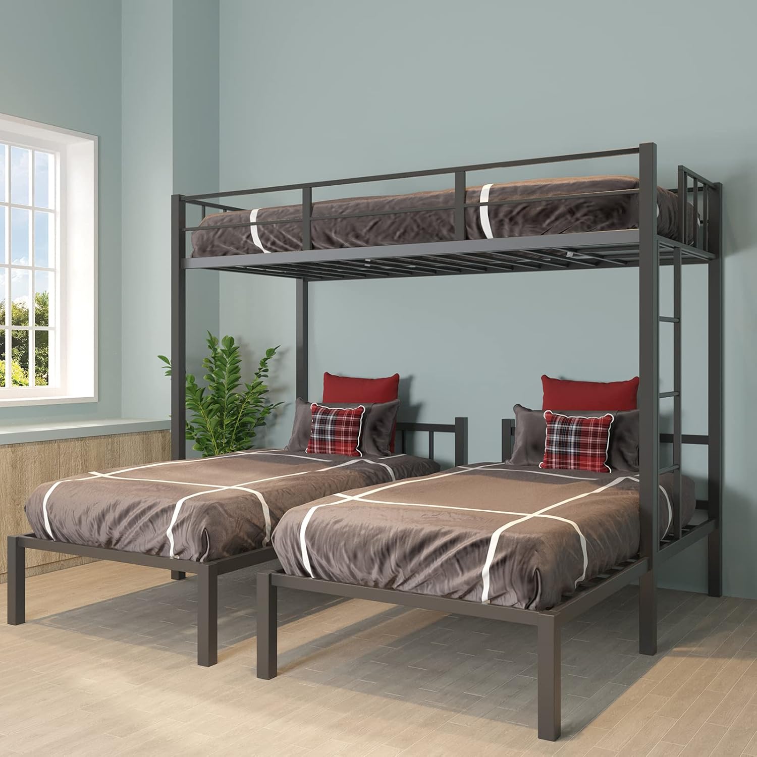Triple Bunk Beds, Tmosi 3 Twin Bunk Beds for Kids Teens Adults,Metal Heavy Duty Bunk Bed with Guardrail Ladder, Convert into 3 Twin Beds (Black)