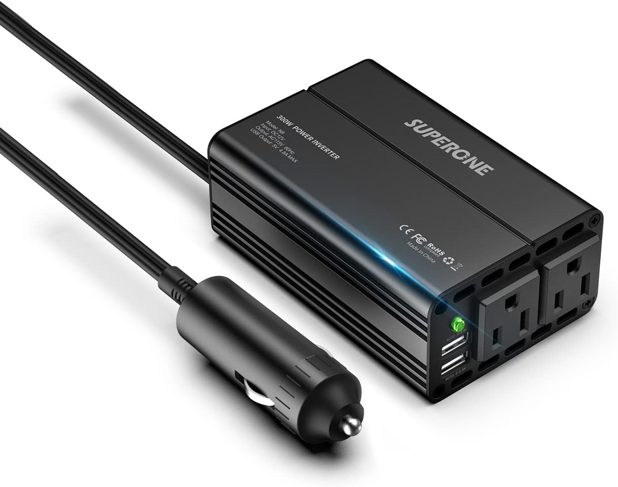 【Upgraded】 SUPERONE 300W Power Inverter DC 12V to 110V AC Car Inverter with 4.8A Dual USB Car Adapter, Upgraded Silent Model (Black) Pack of 2