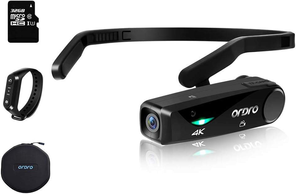 Ordro EP6 Vlog Camera 4K Camcorder Hands Free Lightweight Mini Wearable Video Camera Full HD 1080P 60FPS WI-Fi APP Connection Recorder with Remote Control Carrying Case 32G Micro SD Card- Black