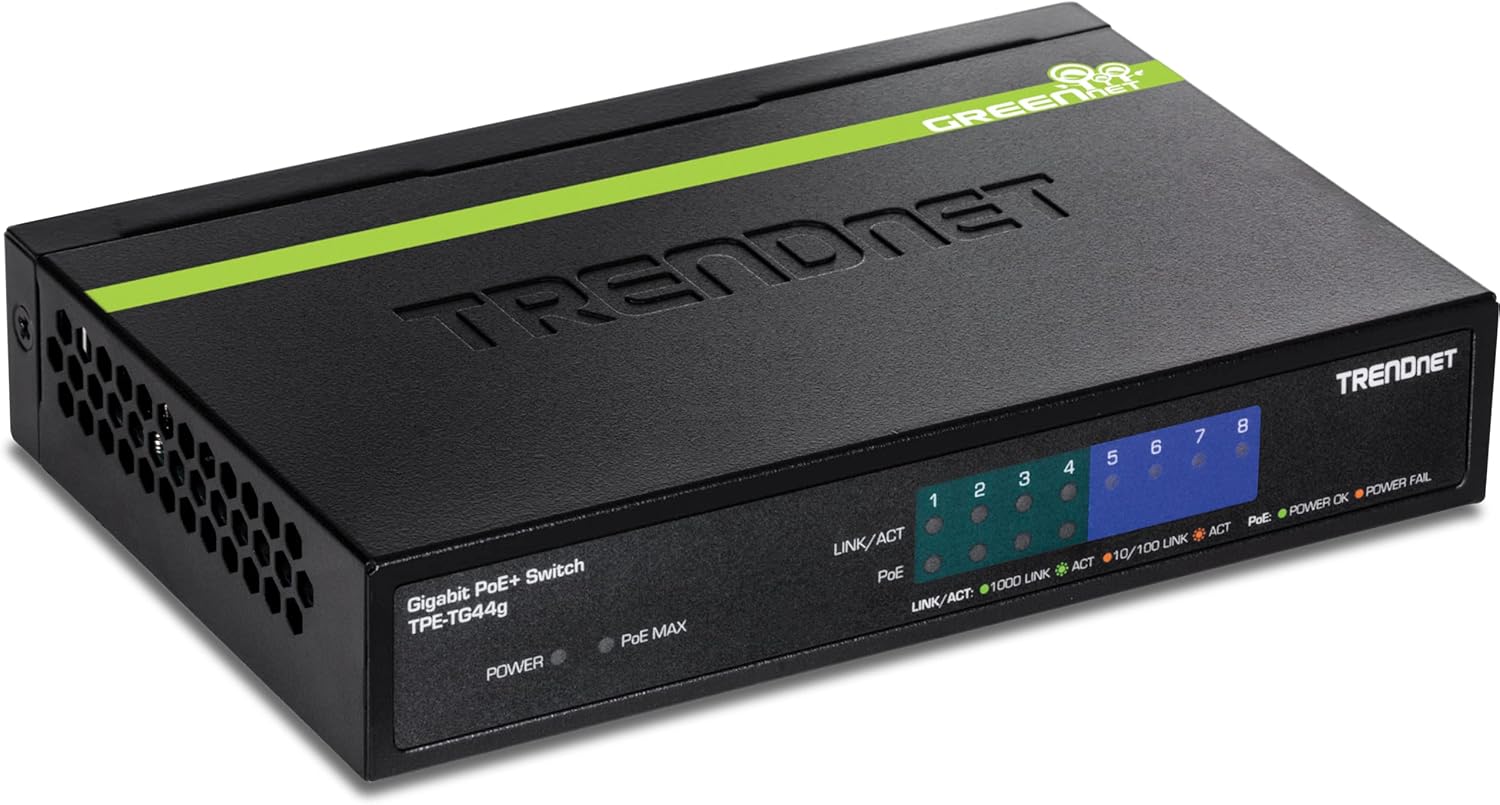 TRENDnet 8-Port Gigabit GREENnet PoE+ Switch,TPE-TG44G, 4 x Gigabit PoE/PoE+ Up to 30 Watts/Port, 4 x Gigabit, 61W Power Budget, 16 Gbps Switch Capacity, Ethernet Unmanaged Switch, Lifetime Protection Black Pack of 2