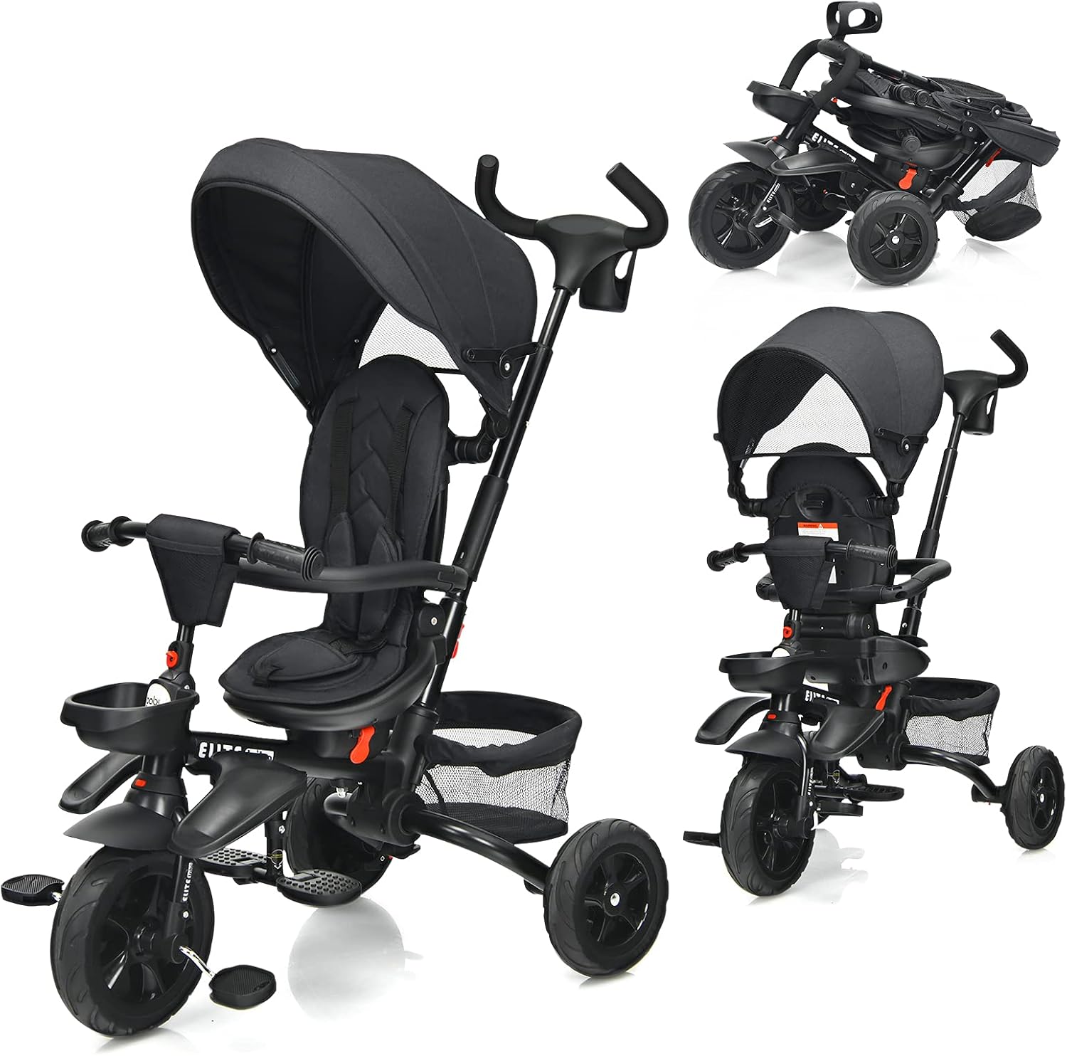 BABY JOY Baby Tricycle, 7-in-1 Kids Folding Steer Stroller w/ Rotatable Seat, Adjustable Push Handle & Canopy, Safety Harness, Cup Holder, Storage Bag, Toddler Trike for 1-5 Year Old, Black+Blue