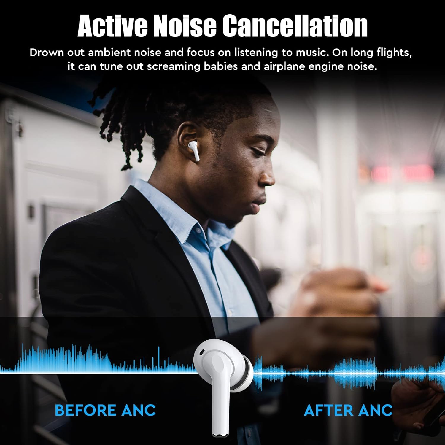RioBuds Active Noise Cancelling Wireless Earbuds, Designed in Houston, Made in Taiwan, Transparency Mode, in-Ear Detection Headphones, Bluetooth 5.2, All-Day Battery Life, Touch Control, Headset