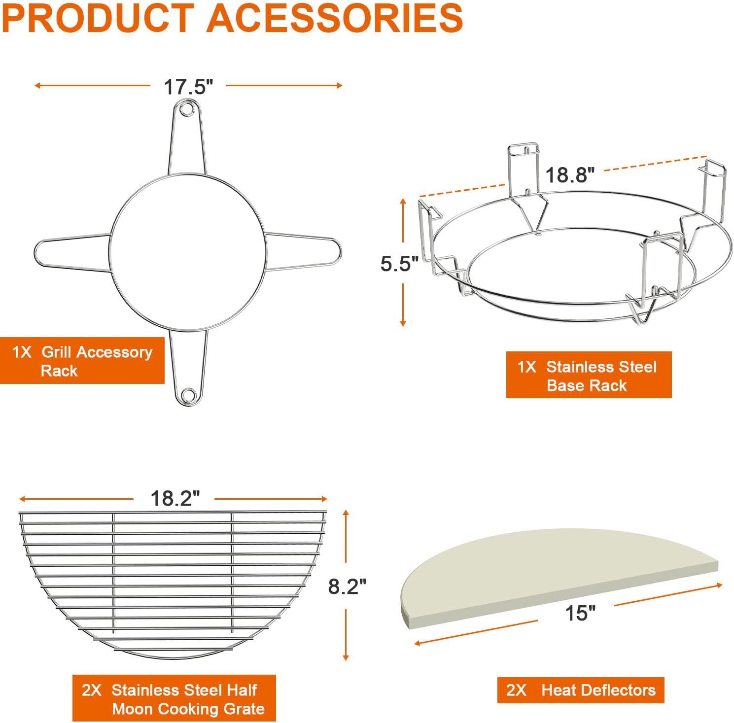 MixRBBQ 18Inch Cooking System Kit, Stainless Steel Multi-Level Base Rack, Half Moon Grid Grate, Pizza Stone Set for Large Big Green Egg, Kamado Joe Classic, and Other Kamado Grills Pack of 2