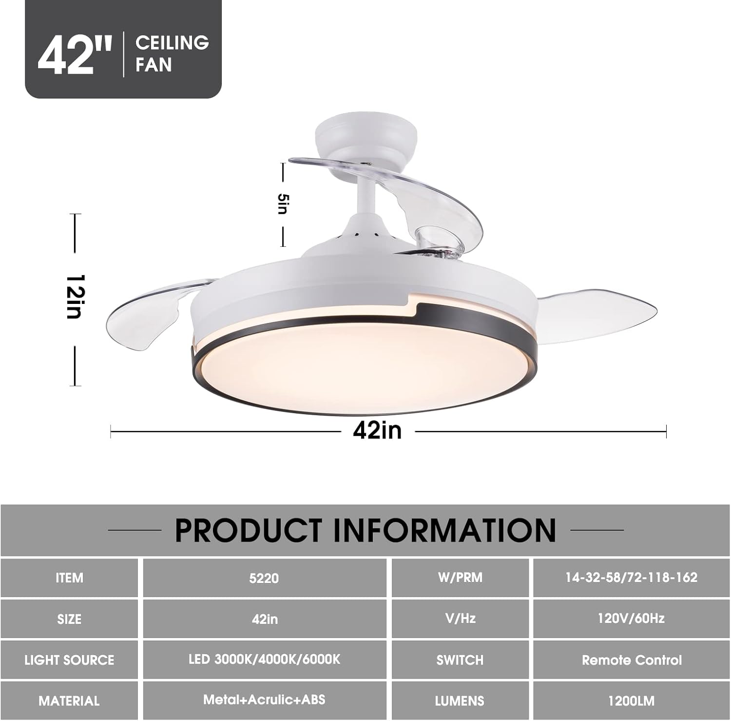 SNJ Retractable Ceiling Fan with Lights and Remote Control in White Finish for Indoor Use