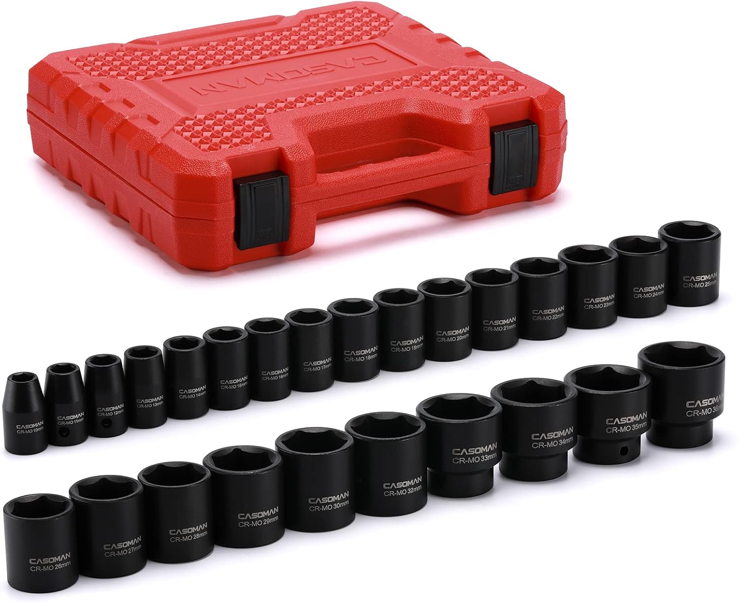 CASOMAN 26 Piece 1/2 Inch Drive Impact Socket Set,Metric,Shallow,10mm to 36mm, Cr-Mo Alloy Steel, Radius Corner Design, Impact Grade
