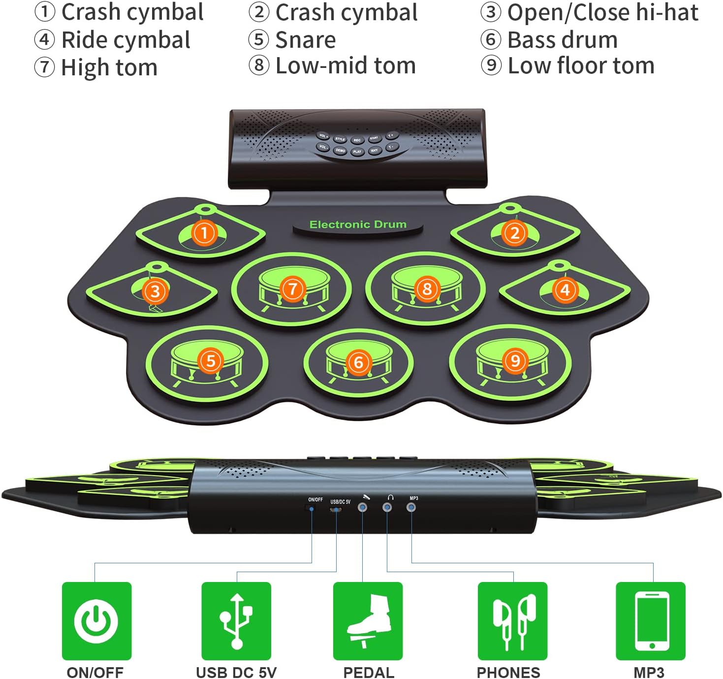 7 Pads Electronic Drum Set, Roll Up Drum Practice Pad Midi Drum Kit with Headphone Jack Built-in Speaker Drum Pedals Drum Sticks 10 Hours Playtime（White) Pack of 2